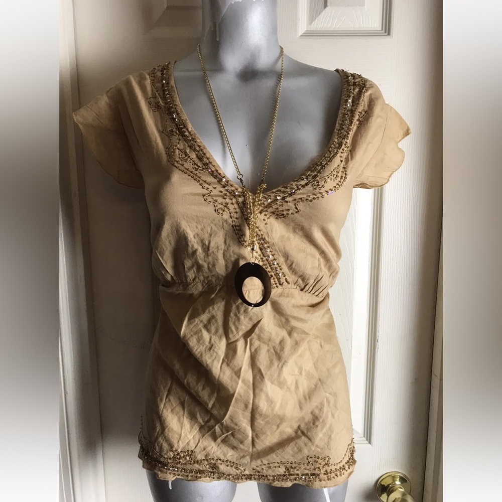 NWT $68 Bloomingdales  Abby Z Tan Peasant Boho Top-Plus size 1X-Beaded Tie Waist